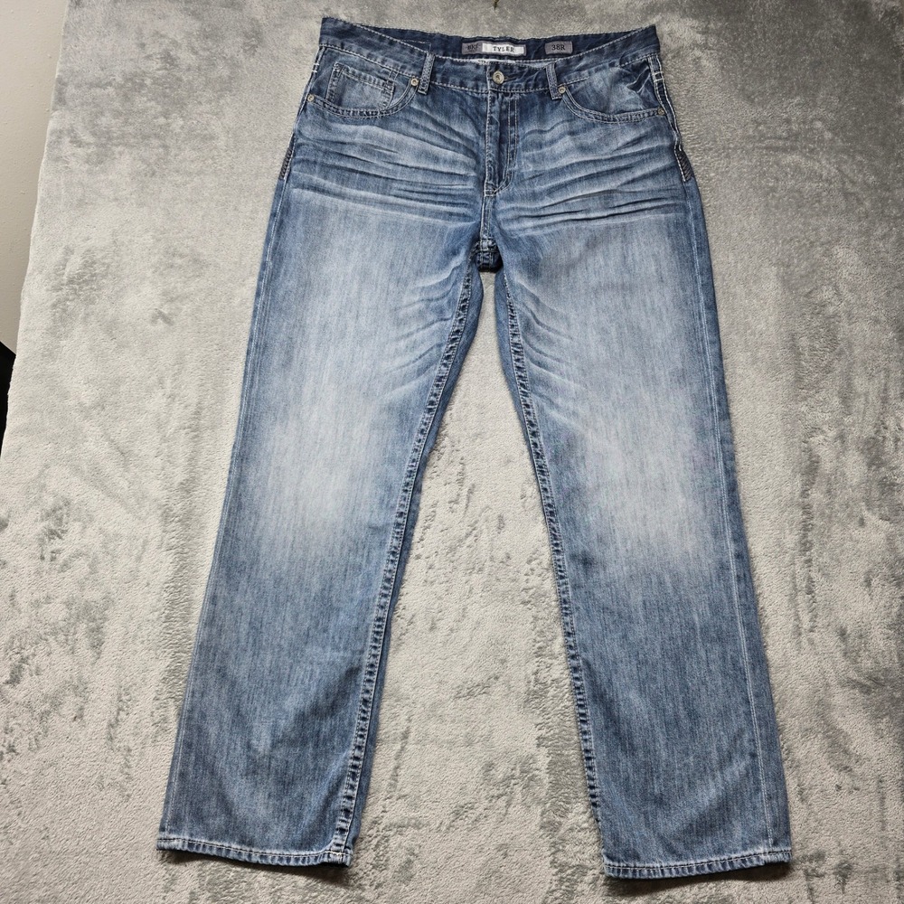 BKE Tyler Straight Leg Mens Jeans 38R Medium Wash Distressed 38x32 AB23016 Logo